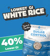 Package of 'Sugar Control' rice with text highlighting lowest GI and 40% lower GI on a blue background.